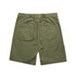 Cargo shorts in khaki green, featuring multiple pockets and an elastic waistband. Branding is present on the garment.