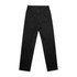 Black straight jeans featuring a simple design and back pockets, with a logo displayed.