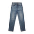 Straight jeans in a faded blue wash with five pockets and a metal button closure. Features logo branding.