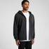 A black zip-up hoodie with a relaxed fit, featuring a hood and front pockets, worn over a white T-shirt.