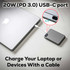 A sleek grey power bank with a USB-C port connected to a laptop, featuring a small display.