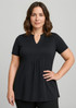 A black women's Mali Stretch Tunic T-Top featuring a V-neck and short sleeves, with a stylish pleated design.