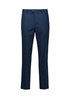 A pair of men's slim fit flat front pants in navy blue, featuring a branding logo. A pair of men's slim fit flat front pants in navy blue, featuring a branding logo.