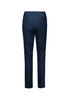 A pair of navy mid-waist slim leg pants viewed from the back, featuring a sleek design and pockets.