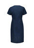 A navy blue women's short sleeve dress featuring a zip closure at the back and a simple, elegant design.