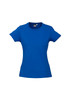 A blue women's short sleeve tee shirt featuring a logo on the front.
