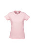 A pink short sleeve tee with a round neckline and a logo tag. Suitable for women's casual wear.
