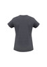 A grey women's short sleeve tee featuring a classic round neckline and a relaxed fit. It has a logo on the back.