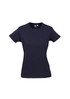 A women's short sleeve tee in navy blue with a fitted design and a logo on the front.