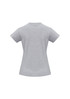 A grey women's short sleeve tee with a fitted silhouette and a logo on the back.