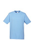 A light blue short sleeve tee shirt with a round neckline and a logo. Ideal for casual wear.