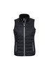 A black women's vest with a zip front, featuring horizontal padding and two side pockets. It has a logo on the chest.