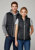 A black women's vest with a zip front and pockets, modelled by a woman and a man wearing casual clothing.