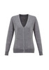 A women's grey knit cardigan with a V-neck and button front, featuring long sleeves and a fitted design.