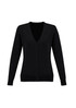 A black women's knitted cardigan featuring a V-neck and button front closure. The sleeves are long and fitted.