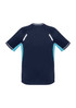 A navy blue short sleeve tee with light blue accents and reflective details, featuring a logo on the back.