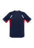 A navy blue short sleeve tee with red accents and reflective details on the shoulders. It features a logo.