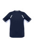 A dark navy short sleeve tee with light blue accents and reflective detailing on the shoulders. It features a logo.