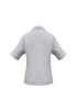 A light grey women's short sleeve button-up shirt featuring a collar and rolled sleeves. It has a subtle logo.
