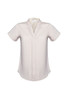 A short-sleeve women's button-up shirt in a light cream colour, featuring a v-neck design and rolled sleeves.