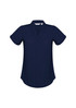 A navy blue women's button-up shirt with short sleeves and a v-neck design. It features a logo.
