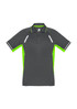 A short sleeve men's polo shirt in grey with bright green accents and detailing. It features a logo on the chest.
