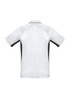A men's short sleeve polo shirt in white and black, featuring a simple design and a logo on the front.