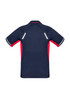 A navy and red short sleeve polo shirt with reflective detailing and a logo on the back.