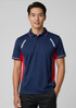 A navy blue polo shirt with red accents and a logo, featuring short sleeves and a collared design.