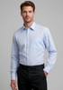 A light blue long sleeve button-up shirt with a single chest pocket and an attached logo.