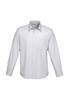 A white button-up shirt with long sleeves featuring a pocket and a collar. Includes a logo on the collar.