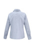 A light blue women's button-up long sleeve shirt with a collar and buttoned cuffs, featuring a branding logo.