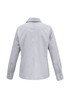 A long sleeve button-up shirt in light grey, featuring a smooth fabric and a back yoke design. It has a logo.