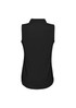 A black sleeveless top with a collar, featuring a smooth design and a logo on the back.