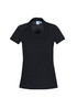 A women's short sleeve polo shirt in black, featuring a v-neck and a logo on the collar.
