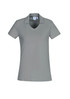 A grey women's polo shirt with short sleeves and a V-neck, featuring a logo on the chest.