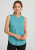 A sleeveless blouse in teal featuring pleat detail, with a round neckline and a smooth finish.