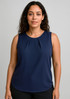 A navy sleeveless blouse featuring pleat detail, displayed on a model against a light grey background.