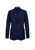 A navy longline blazer jacket with a single button closure and two front pockets. It features a lapel collar and a tailored fit.