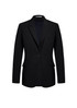 A black longline jacket featuring a classic blazer design with a single button and two pockets.