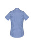A blue and white checked short sleeve button-up shirt featuring a back yoke and a logo.