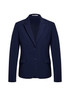 A navy mid-length women's jacket with a notched lapel and two-button closure, featuring two side pockets and a branding logo.