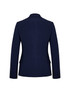 A navy mid-length women's jacket with a fitted design and long sleeves, featuring buttons on the cuffs.