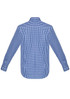 A back view of a men's long sleeve shirt in blue and white gingham check pattern, featuring a collar and button cuffs.
