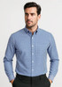 A blue and white checkered long sleeve button-up shirt featuring a collar and a small logo.