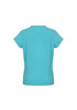 A light blue women's short sleeve top with a simple design and a logo on the back.