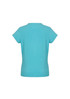 A light blue women's short sleeve top with a simple design and a logo on the back.