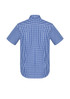 A short-sleeve button-up shirt in blue and white gingham check pattern, featuring a collar and back yoke with a brand logo.
