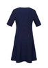 A navy blue women's dress with an extended short sleeve and a flared skirt, featuring a back zipper and a logo.