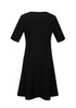 A black women's dress with extended short sleeves, featuring a fitted bodice and flared skirt silhouette.